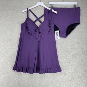 Always For Me Swimdress Womens 20W‎ Purple 2 Piece Ruffle Tie Front Crisscross